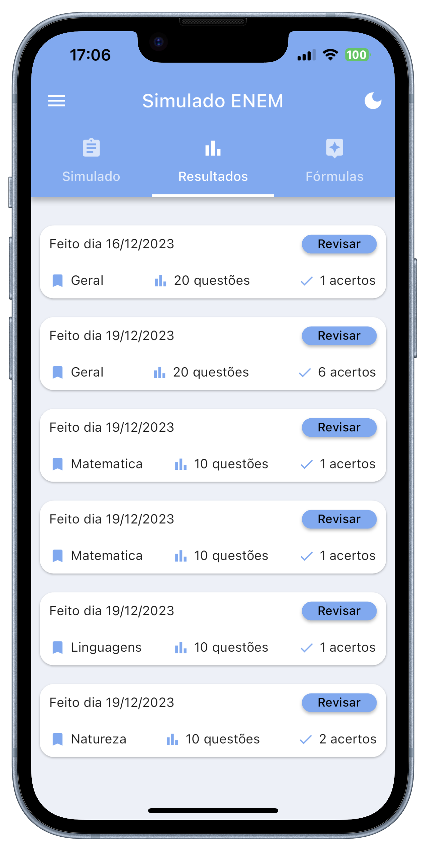 Desempenho por matéria no Simulado ENEM